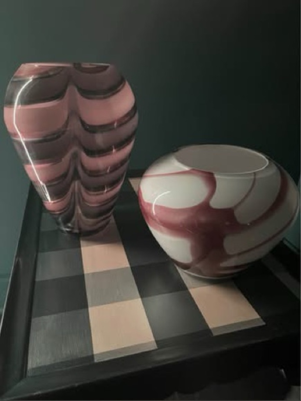 Pair of Polish Art Glass Vases - Moody Burgundy & Opal - 11" & 6" -Krosno Studio